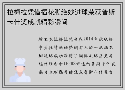 拉梅拉凭借插花脚绝妙进球荣获普斯卡什奖成就精彩瞬间